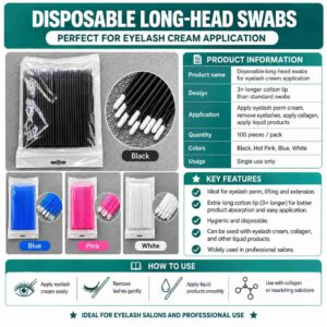 Long-Tipped Multi-Purpose Cotton Swabs for Lash Lift Wax – 100 Pieces/Bag